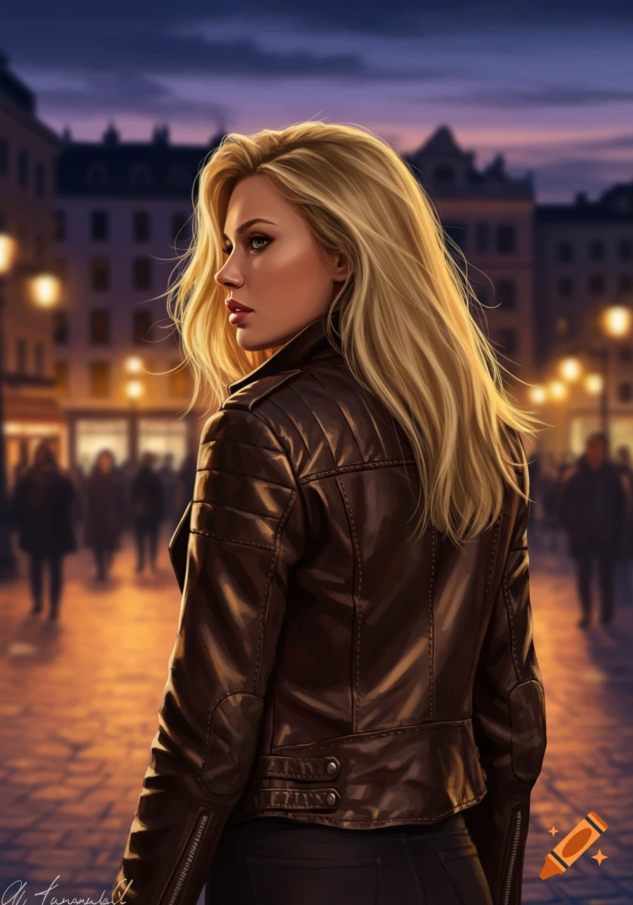 Blonde woman in a brown leather jacket looks over her shoulder on a city street at dusk in a digital art style.