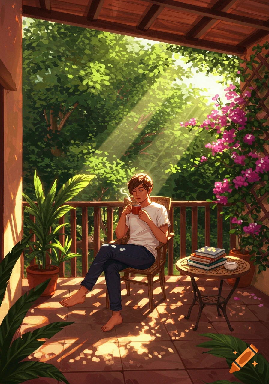 An illustration of a young man sitting on a sunny balcony, drinking from a mug, surrounded by lush green plants and pink flowers.