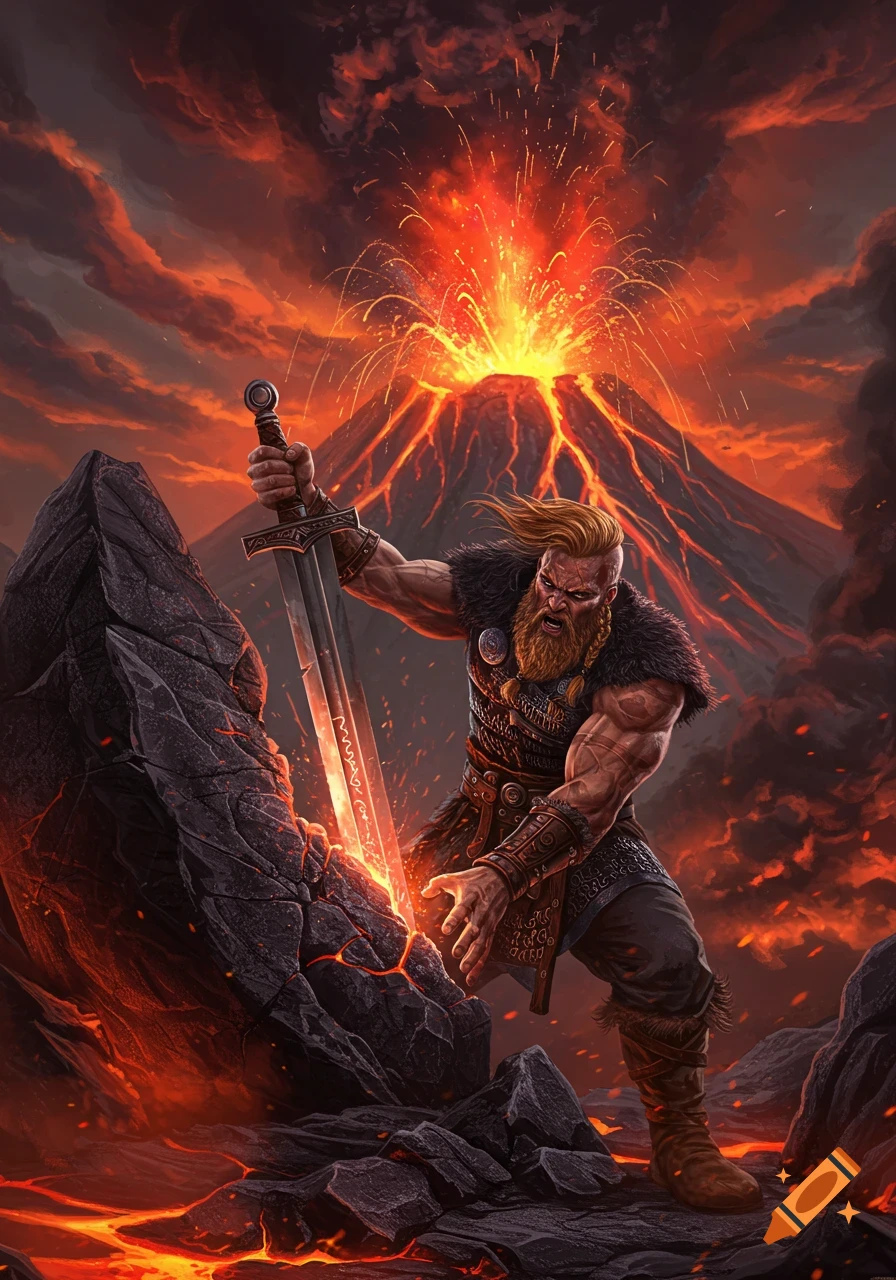 A muscular Viking warrior pulls a glowing sword from a rock, silhouetted by an erupting volcano and fiery landscape.