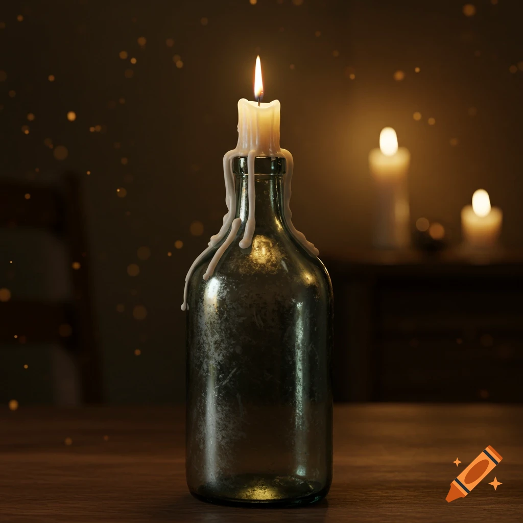 A lit candle with melted wax dripping down a textured glass bottle on a wooden table, with blurred lights in the background.