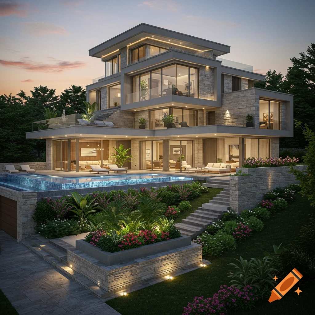 Photorealistic image of a modern luxury villa at dusk with a pool, multiple levels, and illuminated landscaping.