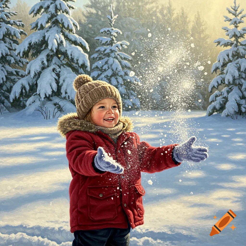 A happy child in a red coat and hat plays in a snowy forest, tossing snow into the air, in a realistic painting.