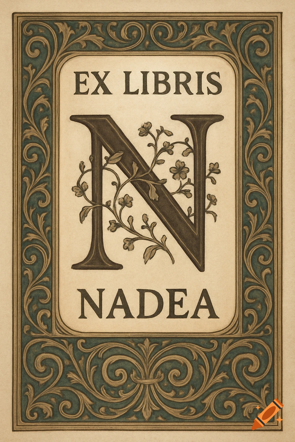 Vintage ex libris bookplate with ornate green and gold border, featuring a large, flowered initial 'N' and the text 'EX LIBRIS NADEA'.