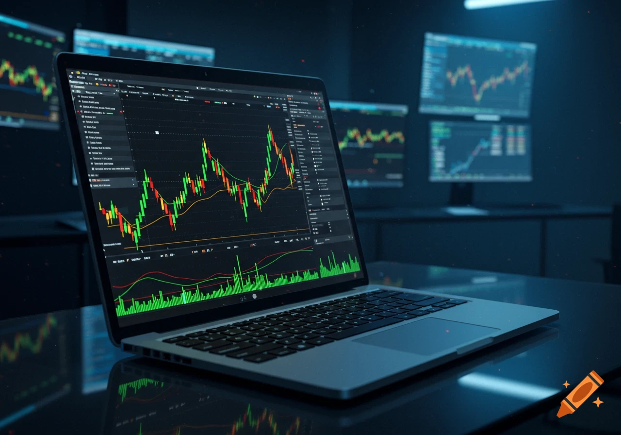 A laptop displaying stock trading charts and graphs, with multiple monitors in the background showing similar financial data in a dark room.