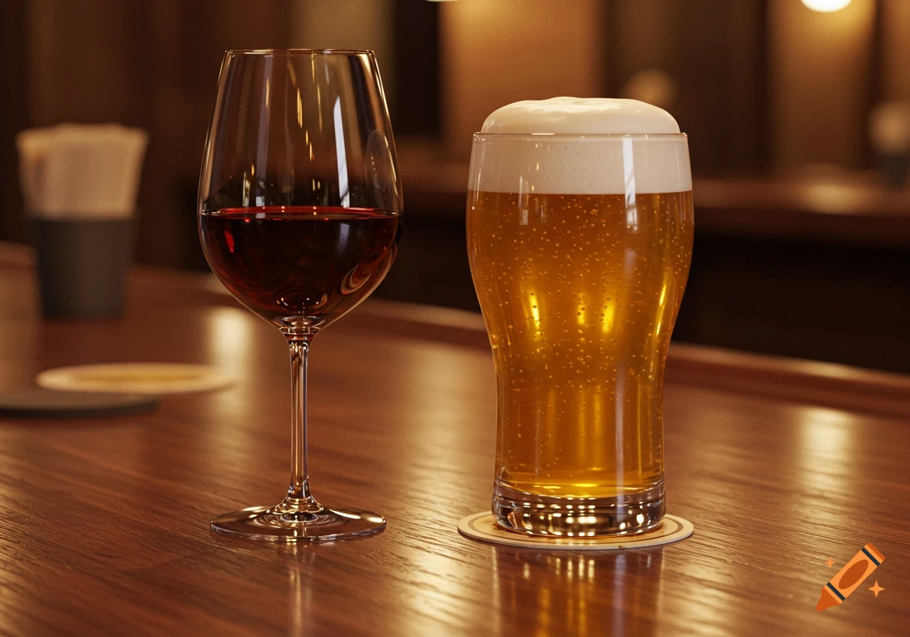 A photorealistic image of a red wine glass next to a beer glass with foam, on a wooden bar.
