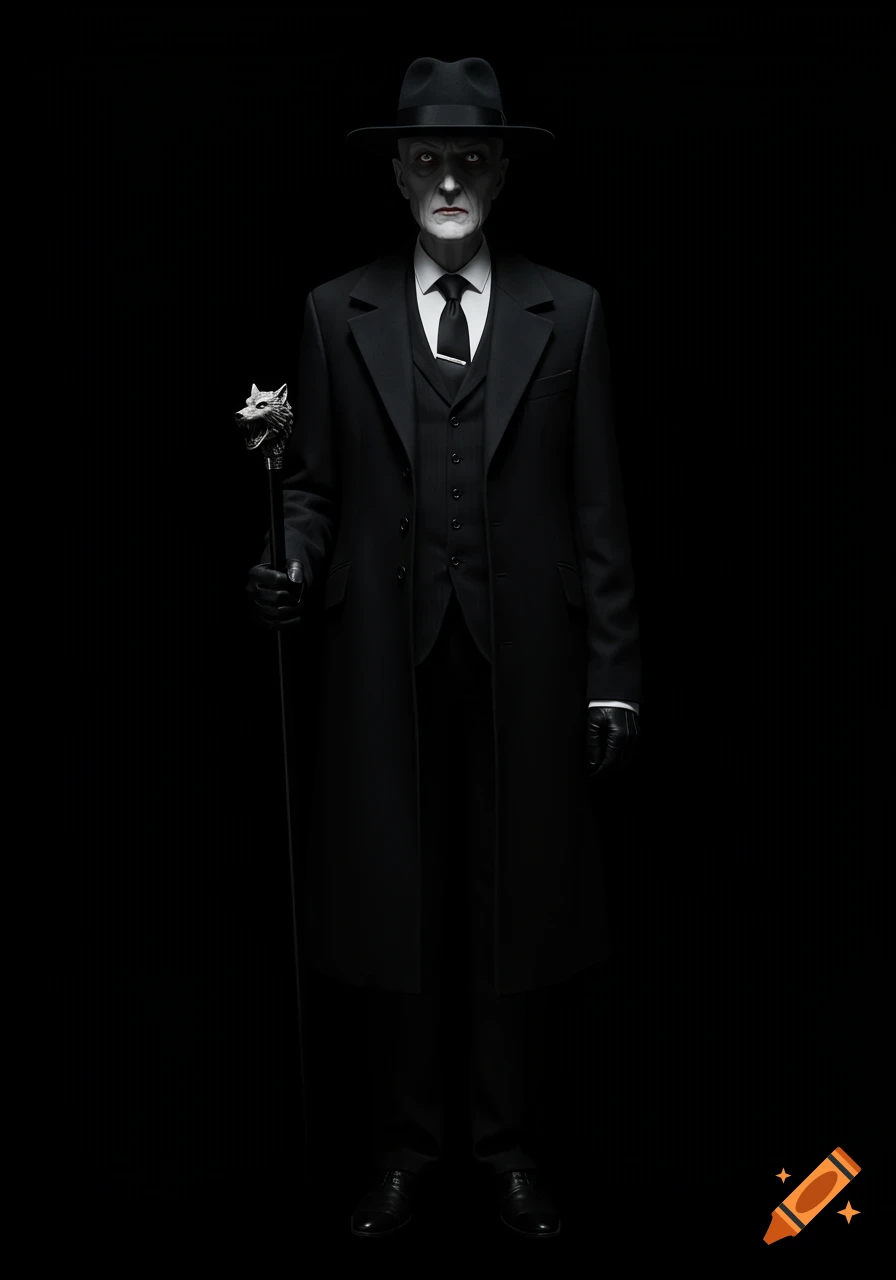 A pale, stern old man in a black suit, trench coat, and fedora, holding a wolf-headed cane against a black background.