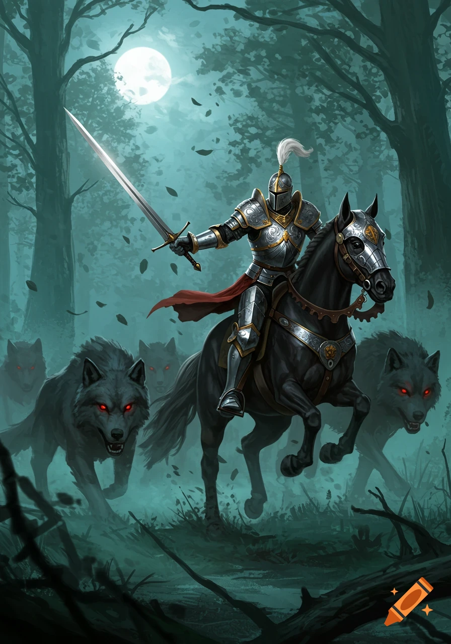 A knight in shining armor on a black horse rides through a misty, moonlit forest, wielding a sword while being chased by red-eyed wolves.