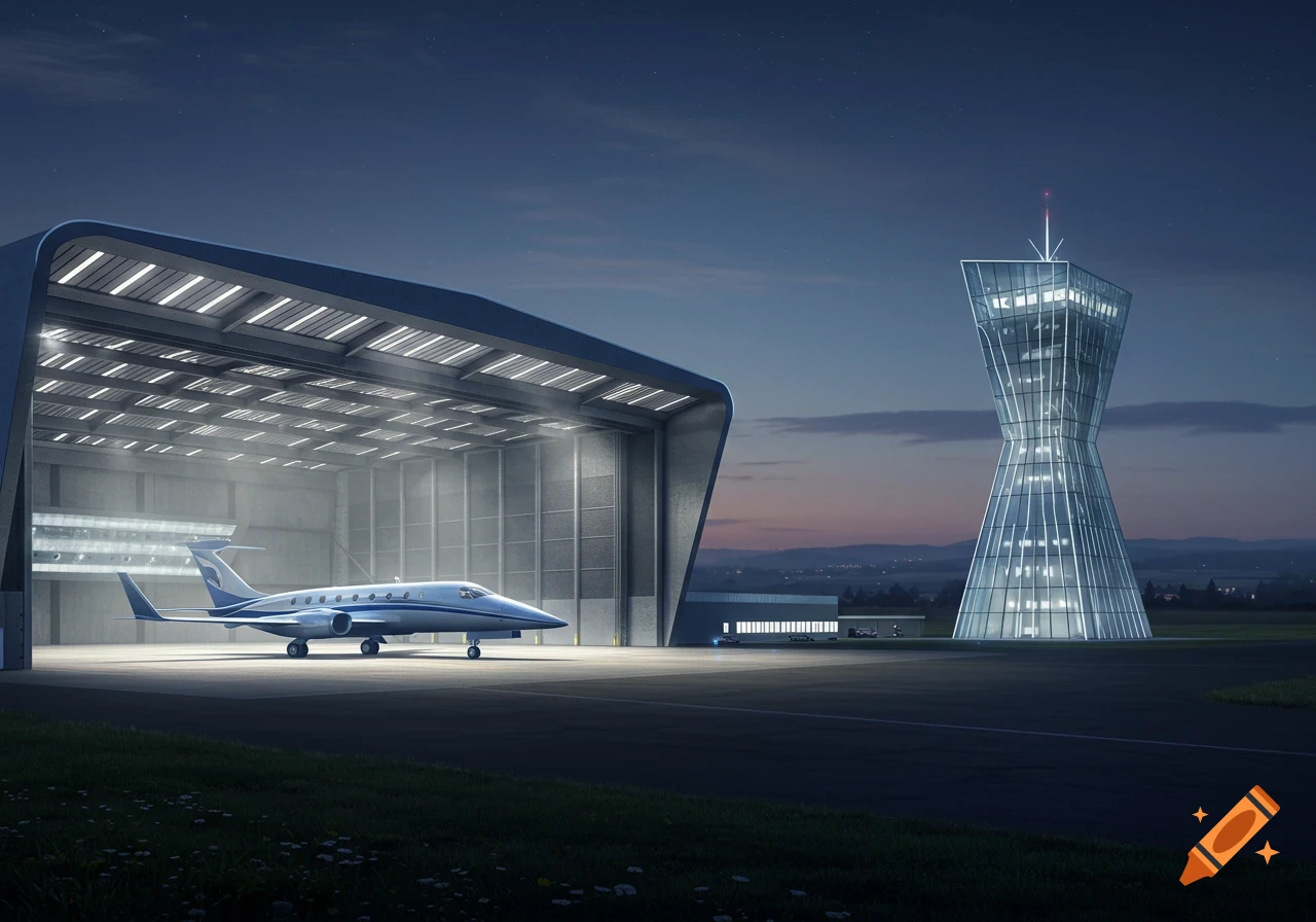 A private jet parked inside a brightly lit, modern hangar at dusk, with a tall, futuristic glass tower on an airfield.