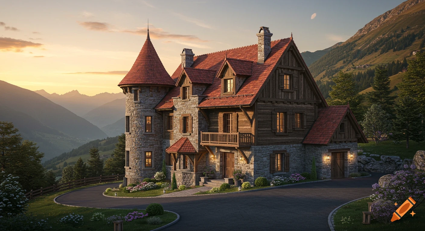 A photorealistic rendering of a majestic stone and timber mountain home with red roofs and turrets, set against a golden hour mountain landscape.