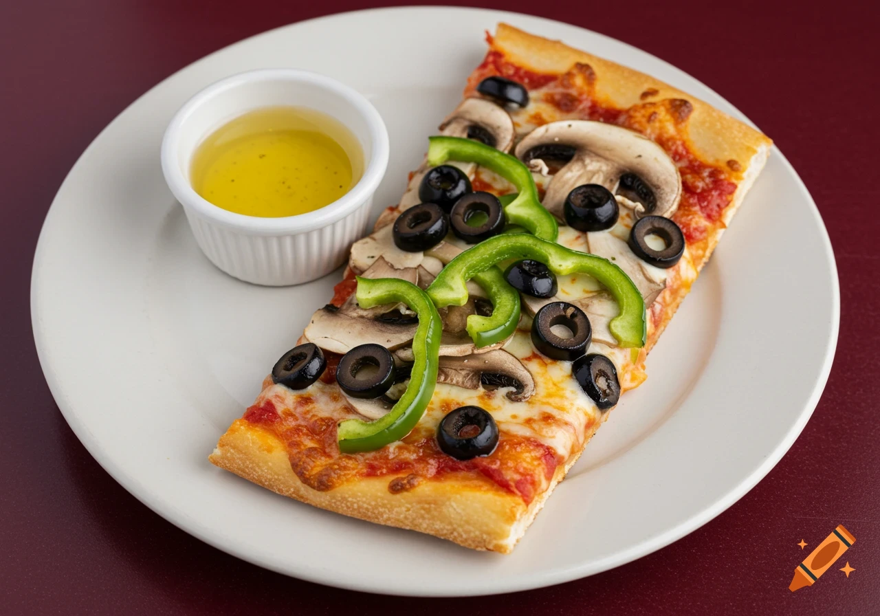 A slice of pizza topped with green bell peppers, sliced mushrooms, and black olives on a white plate with a side of garlic butter.