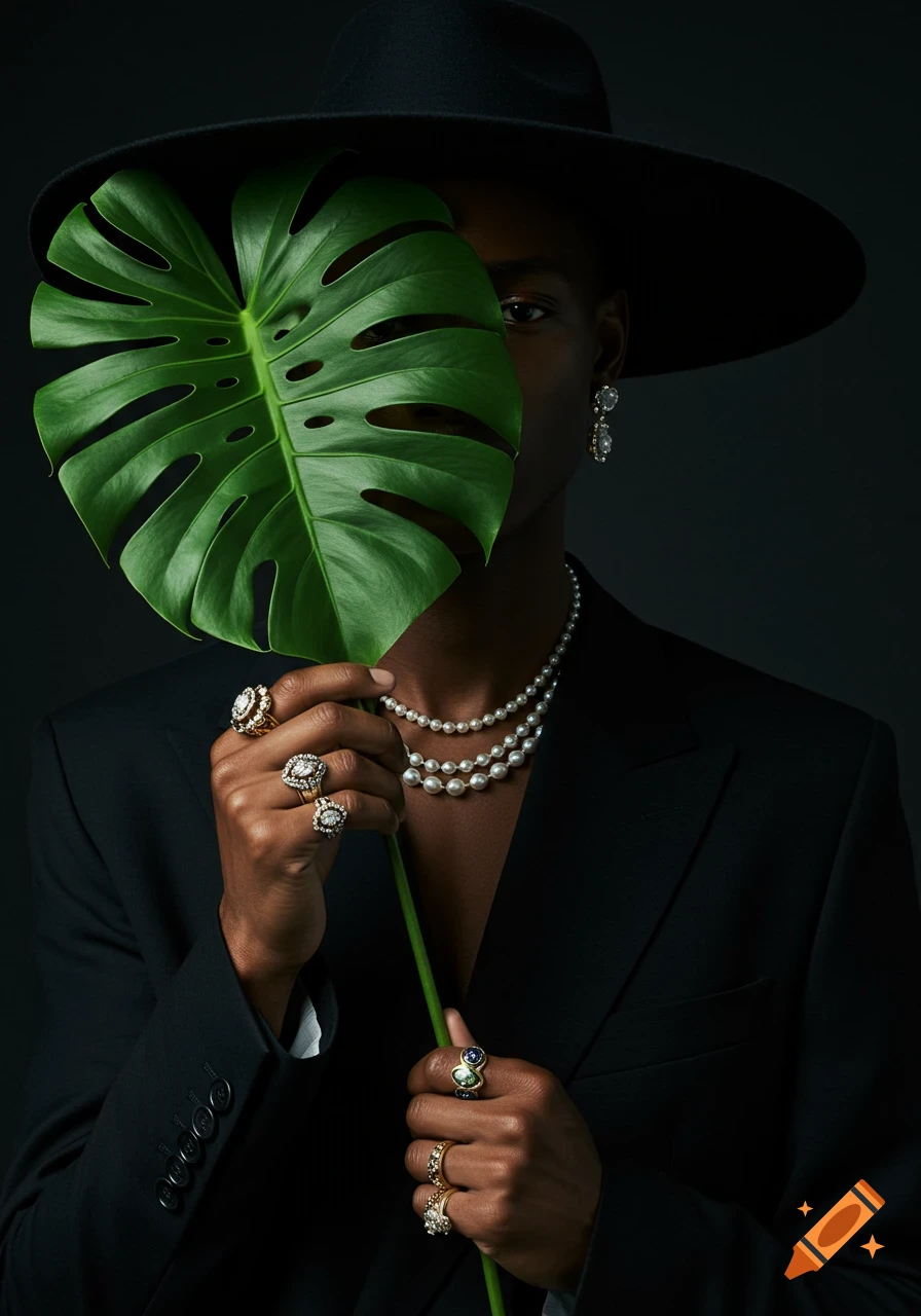 Stylish person in a black suit and hat, partially hiding face behind a large green monstera leaf, wearing pearls and rings.