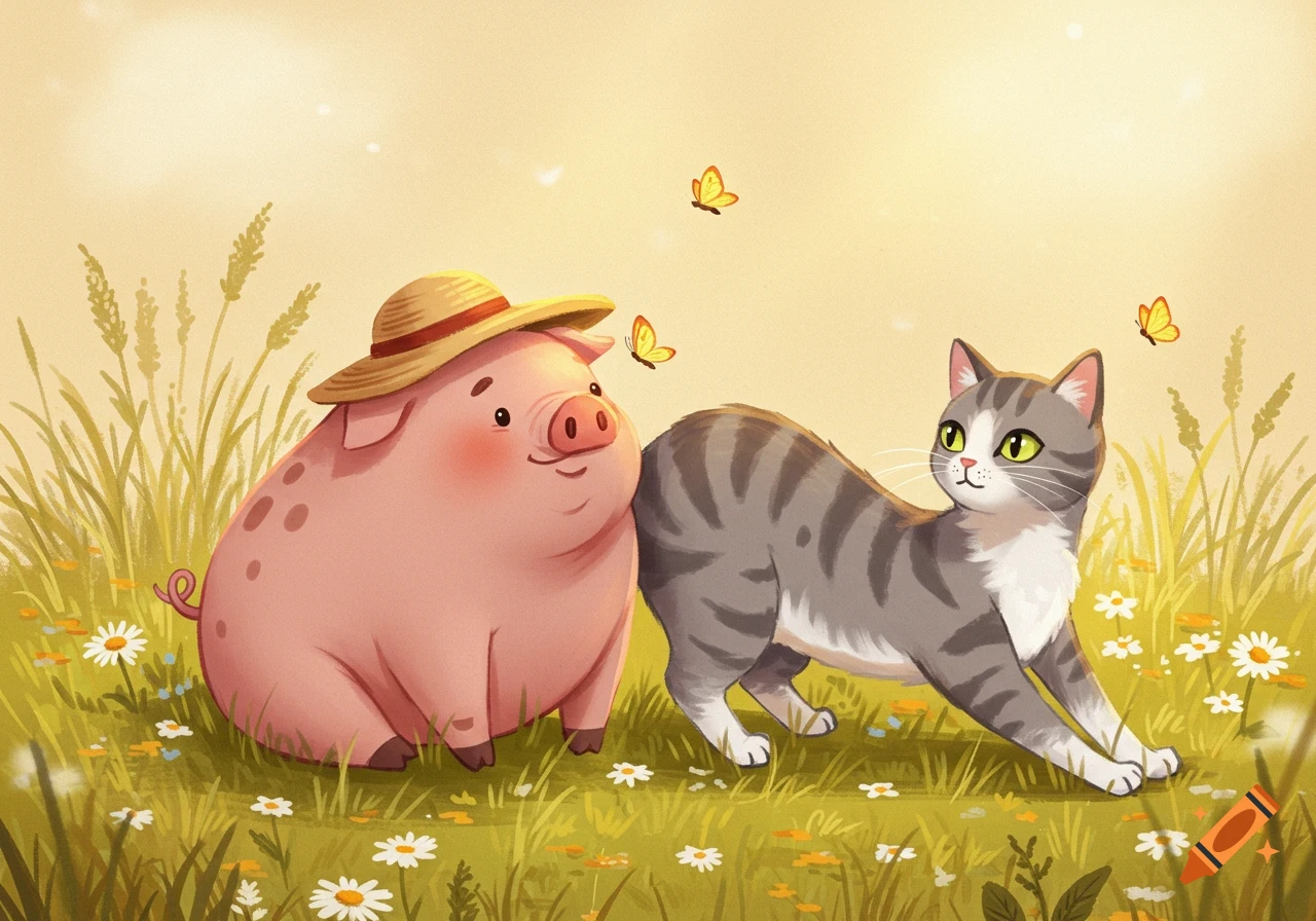 A cute cartoon pig wearing a straw hat sits next to a gray and white cat in a sunny field with daisies and butterflies.
