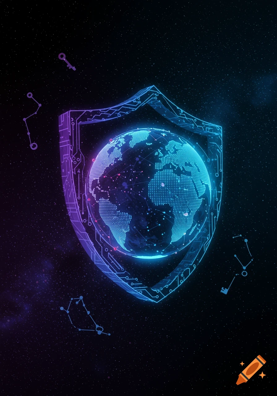 A glowing blue digital Earth globe is protected by a futuristic circuit board shield in a dark, starry space with keys and constellations.