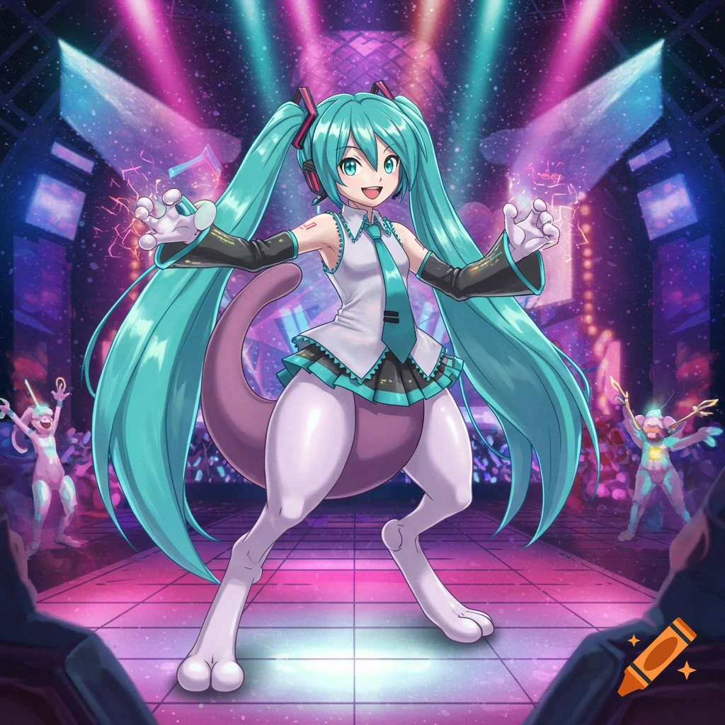 Hatsune Miku with Mewtwo features poses dynamically on a vibrant, neon-lit stage with spotlights, in an anime style.