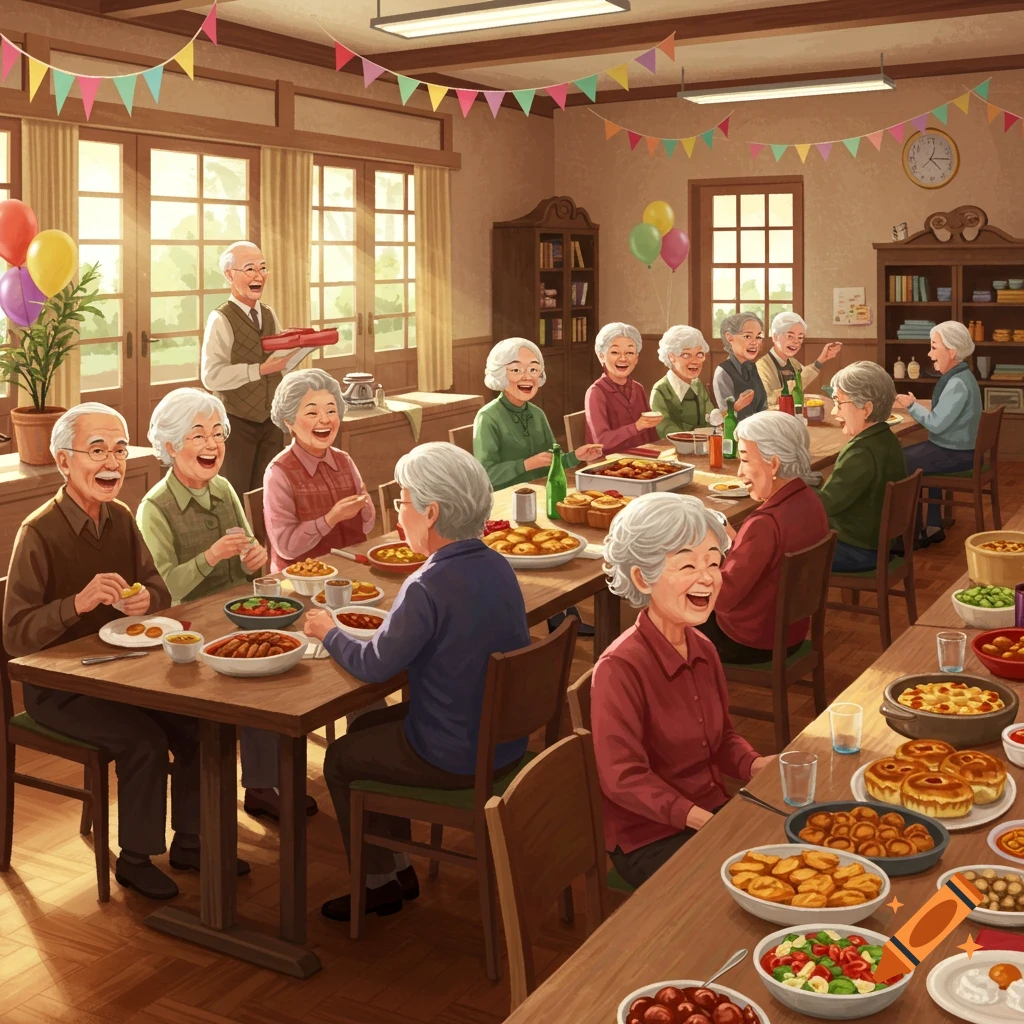 A group of cheerful senior citizens gathers around long wooden tables, enjoying a vibrant potluck meal in a sunlit room decorated with colorful banners and balloons.