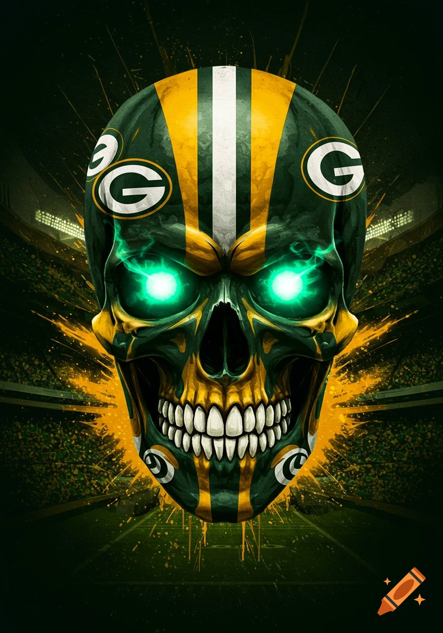 Stylized Green Bay Packers skull in green and gold with glowing green eyes,  against a blurred stadium background with splatter effects. on Craiyon, image size:896x1280