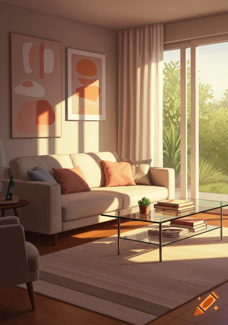 A sunlit, cozy living room with a cream sofa, peach pillows, a glass coffee table with books and a plant, and large windows looking out to a lush green garden.