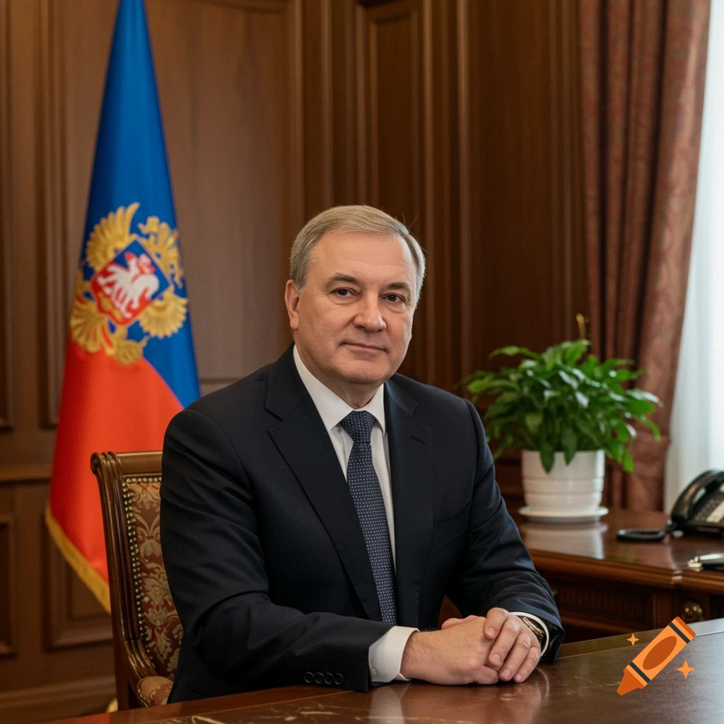 A man in a dark suit and patterned tie sits at a polished wooden desk, with a blue, red, and orange flag behind him.