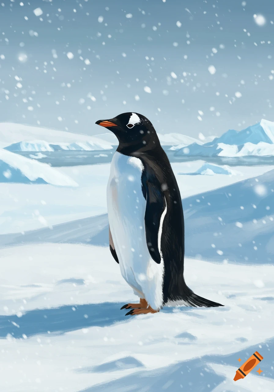 A Gentoo penguin stands in a snowy, icy landscape with falling snow, depicted in a digital painting style.