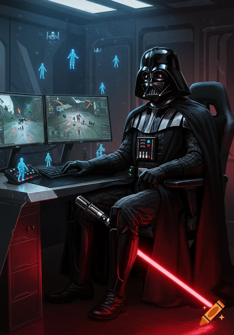 Darth Vader sits at a gaming PC with two monitors showing a battle scene, his lightsaber resting on his leg in a futuristic room.