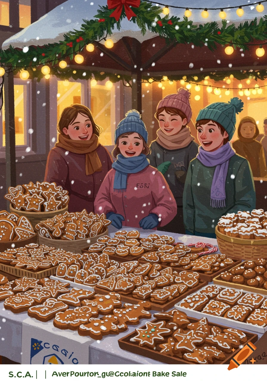 An illustration of a snowy Christmas market stall with four smiling people looking at a wide variety of gingerbread cookies and other baked goods.