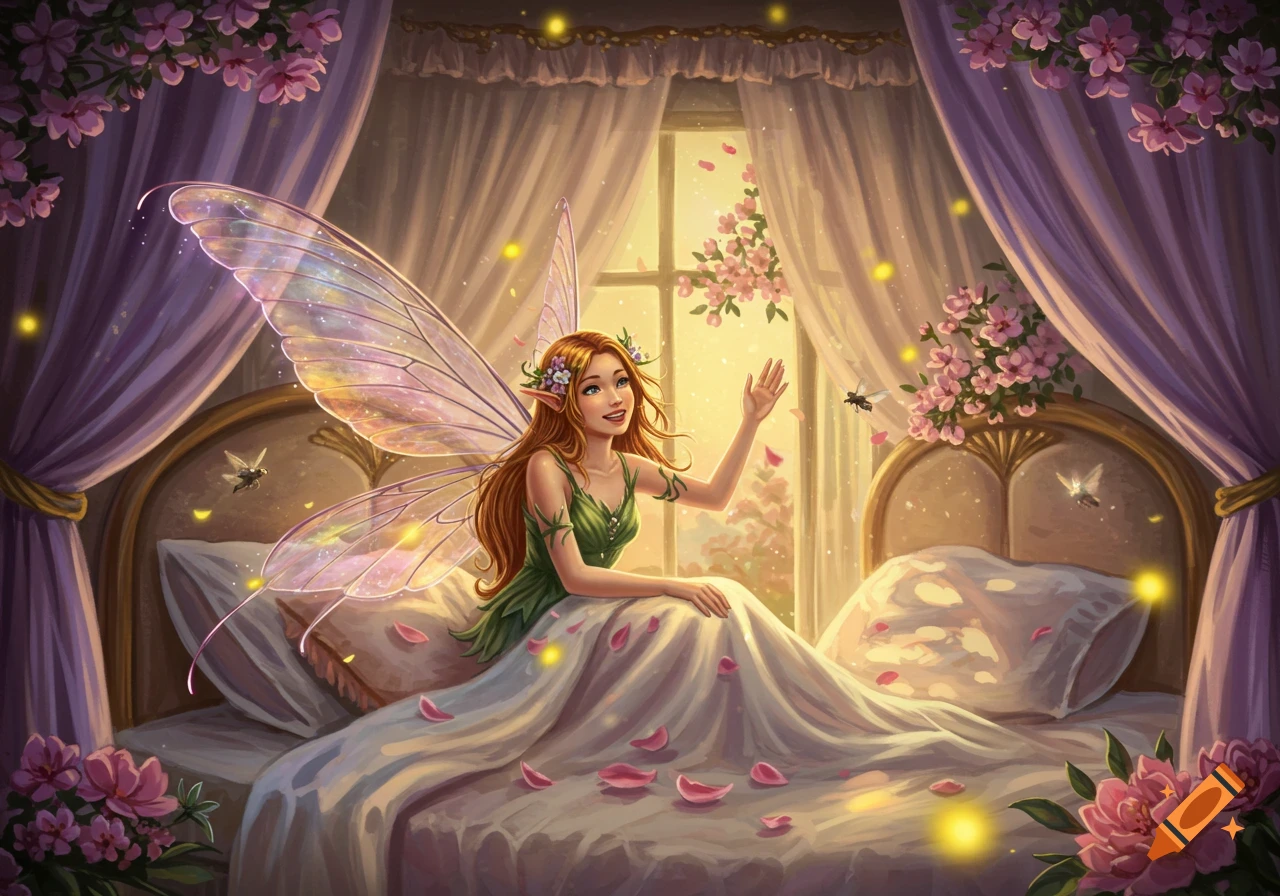 A smiling fairy with red hair and iridescent wings waves from a bed adorned with pink petals and glowing lights, in a sunlit bedroom.