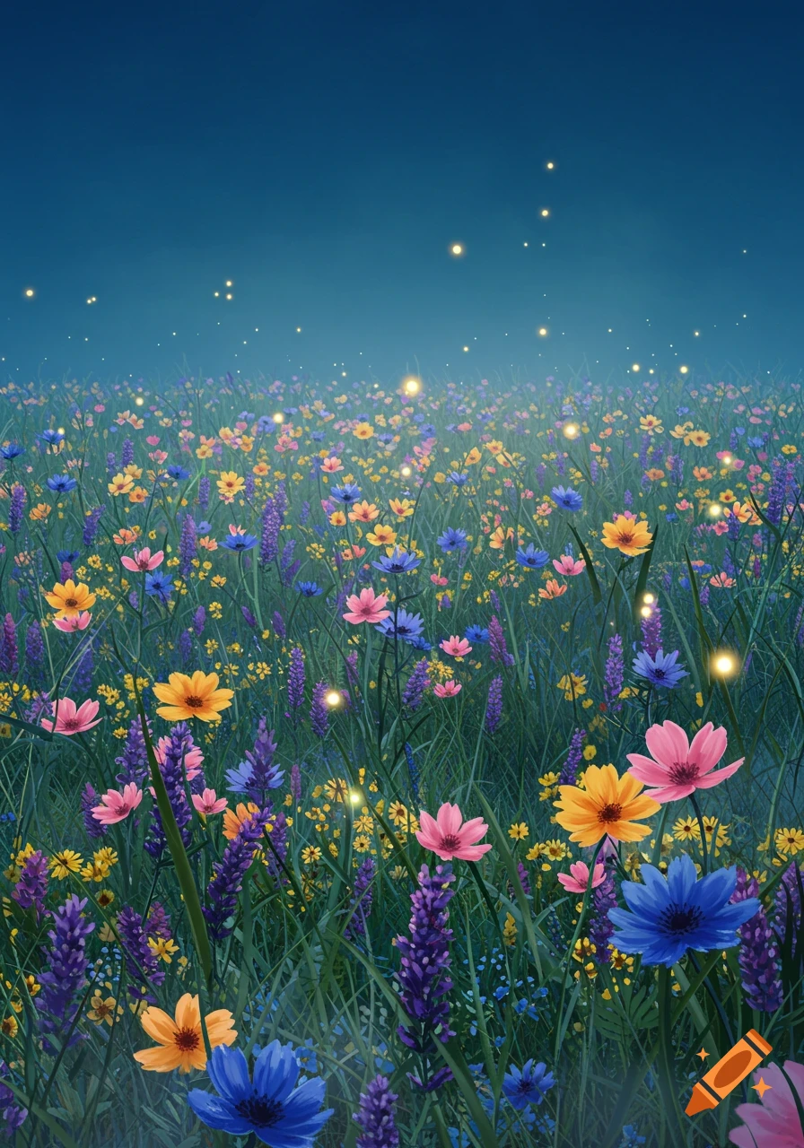 A vibrant field of colorful wildflowers under a dark blue night sky, dotted with glowing fireflies.