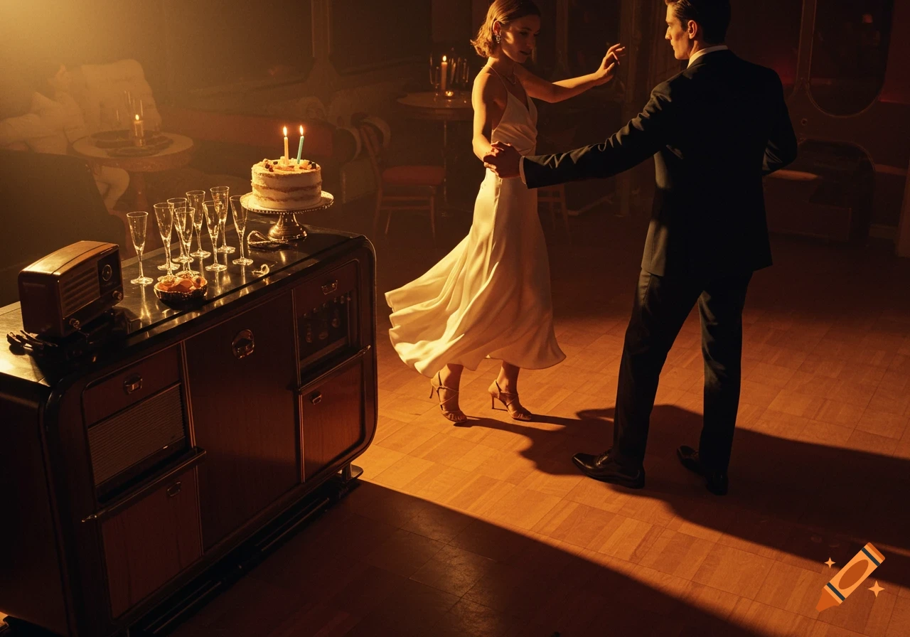 An elegant couple dances in a dimly lit, retro-styled room with a bar featuring a birthday cake with candles and champagne glasses.