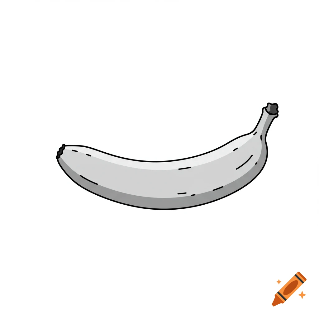 A minimalist, black and white illustration of a banana on a white background.
