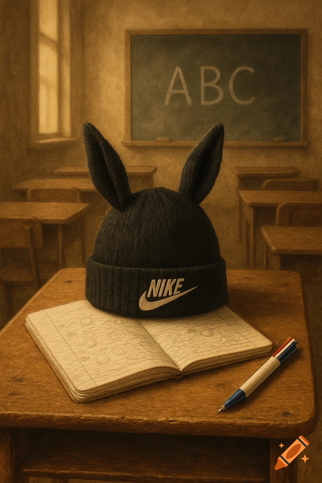 Black Nike beanie with bunny ears on an open notebook on a wooden school desk, a pen, and a blackboard with 'ABC' in a classroom.
