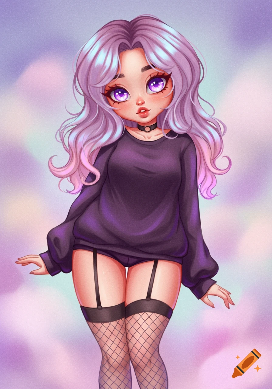 A cute, stylized girl with long wavy purple hair and big purple eyes, wearing a dark purple top, shorts, garters, and fishnet stockings, on a pastel purple and pink background.