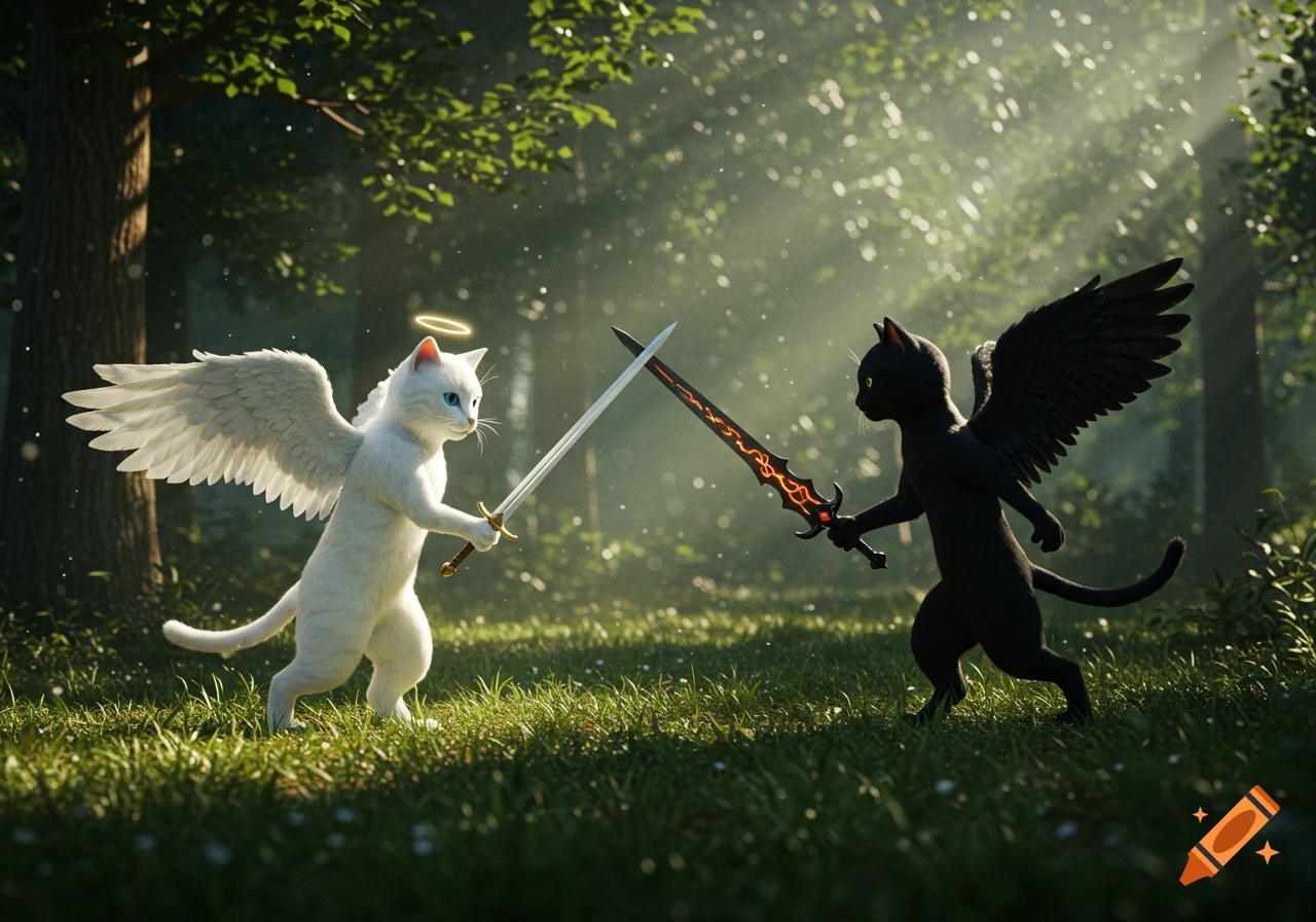 An angelic white cat with a halo and a devilish black cat with wings duel with swords in a sunlit forest clearing.