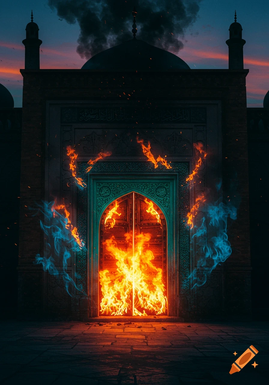 A ornate mosque-like door engulfed in vibrant orange flames, with streaks of blue fire, set against a dark twilight sky with rising smoke.