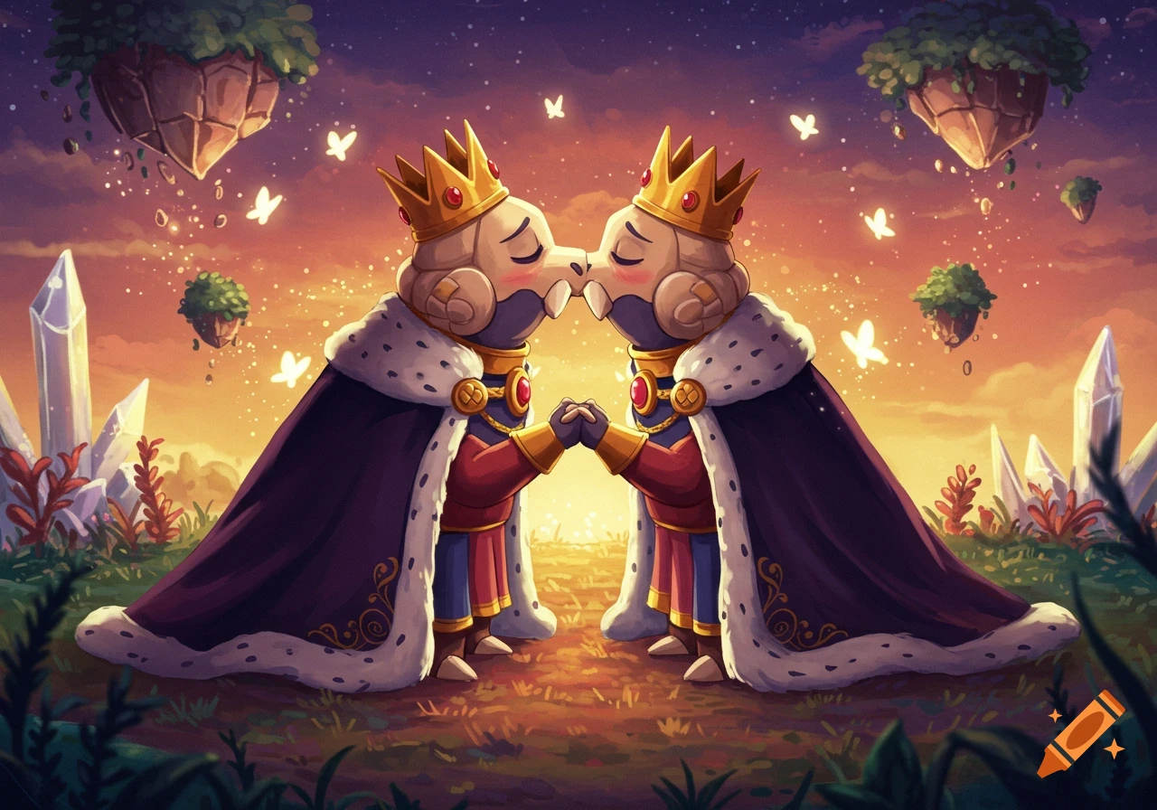 Two cartoon king characters (Kinger from TADC) in crowns and cloaks kiss in a magical sunset landscape with floating islands and crystals.