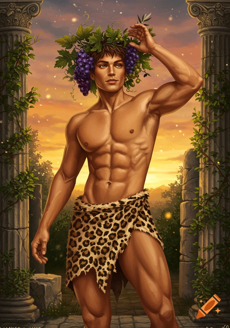 Muscular Dionysian male figure with grape and olive crown, leopard print wrap, standing between classical pillars at sunset, digital art.