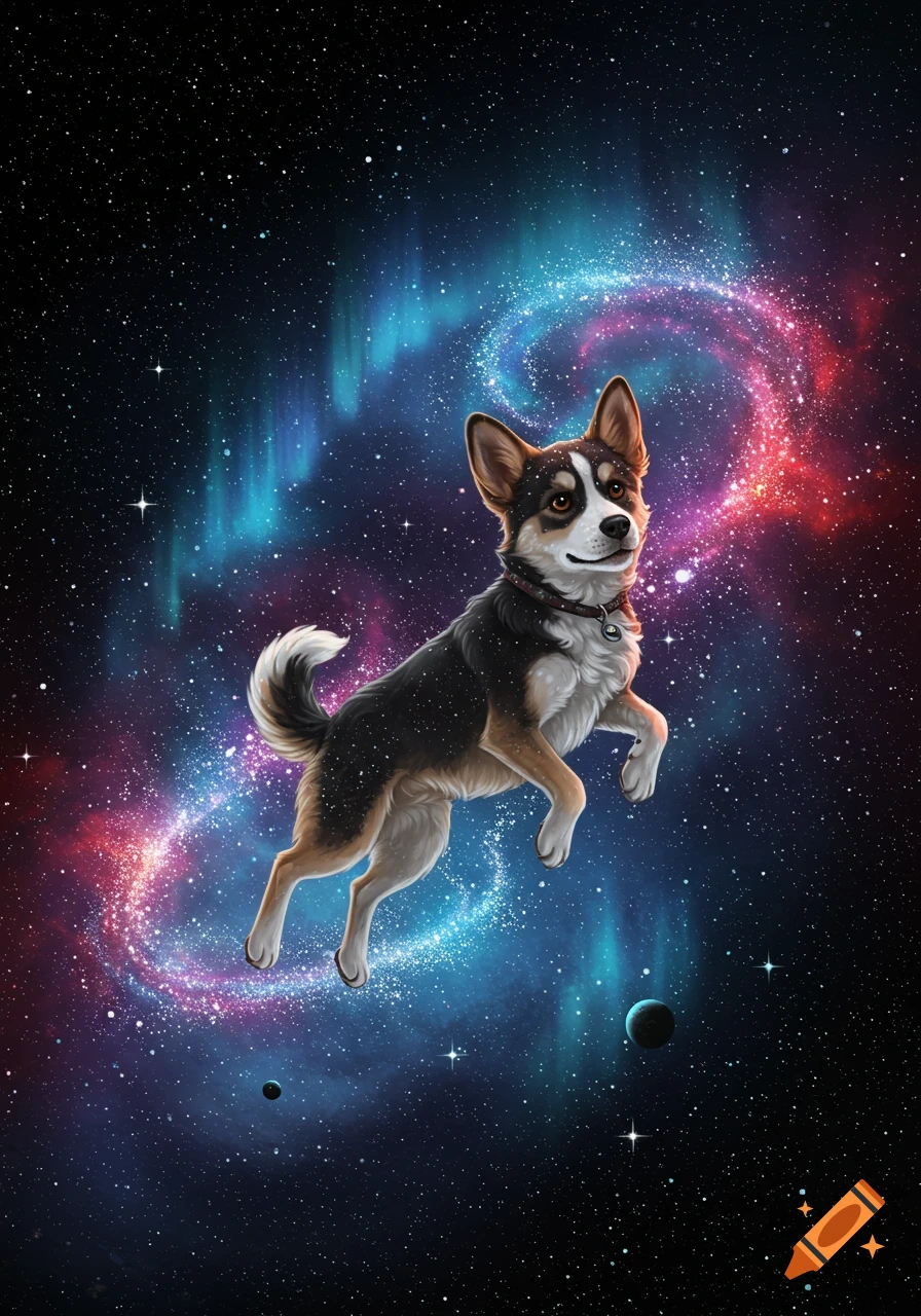 An illustrated dog with brown, white, and black fur floats amidst a vibrant blue and red galaxy with numerous stars.