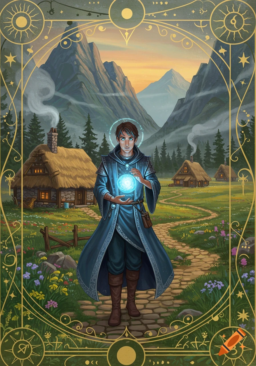 An illustrated portrait of a young male mage holding a glowing blue orb, walking through a fantasy village with mountains, framed like a tarot card.