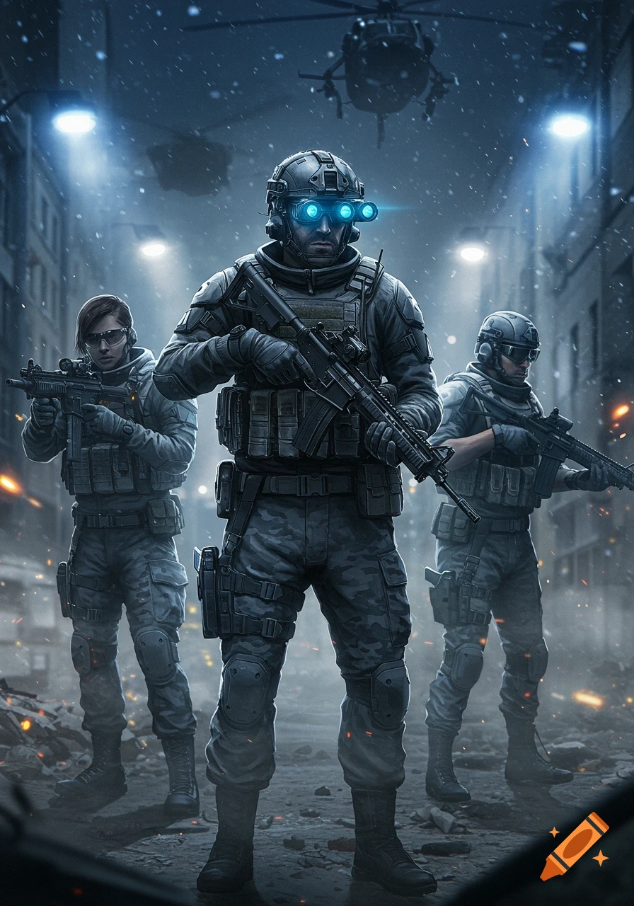 Three soldiers in tactical gear, one with glowing night vision goggles, stand with rifles in a snowy, war-torn urban street with a helicopter overhead. Photorealistic style.