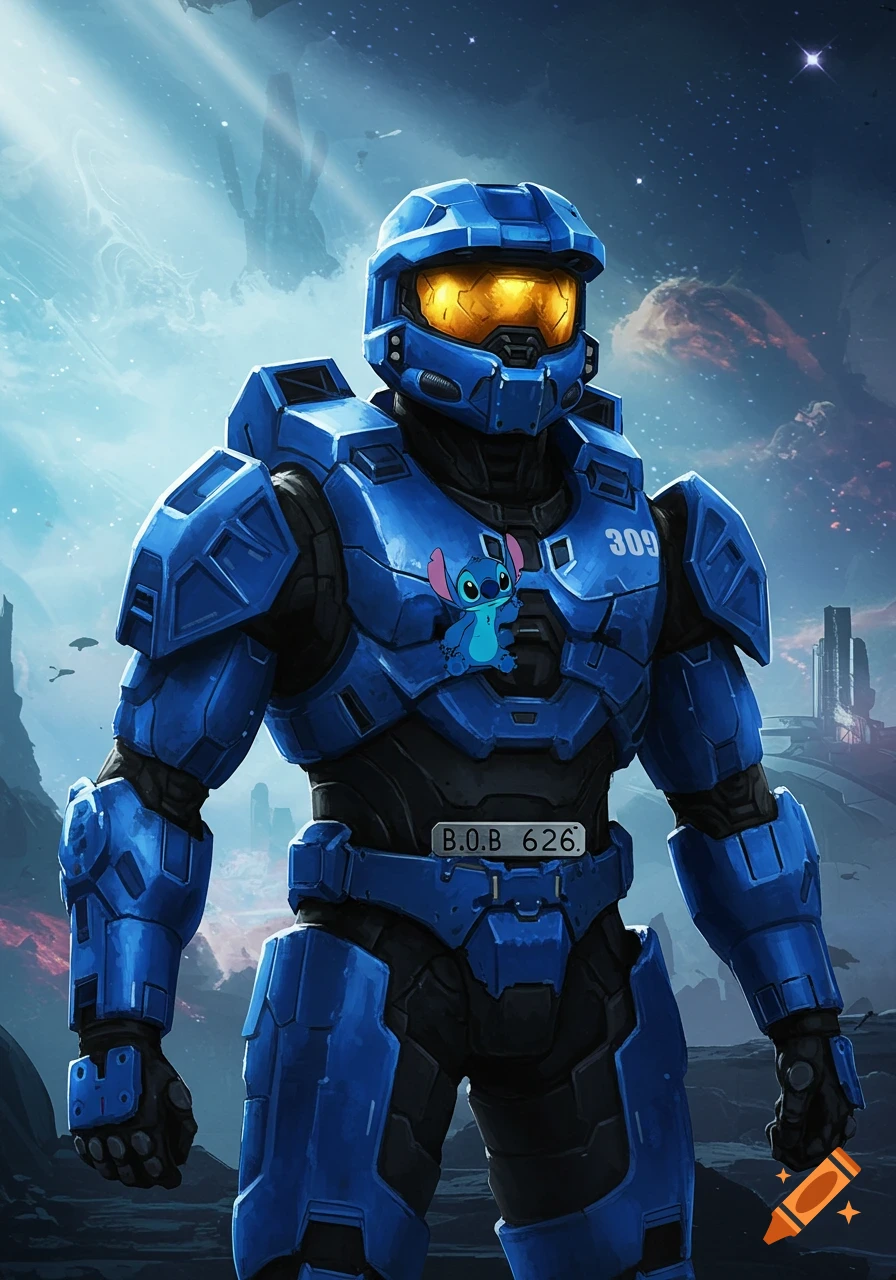 A blue armored Master Chief-like character with a Stitch logo on his chest stands in a futuristic, starry landscape.