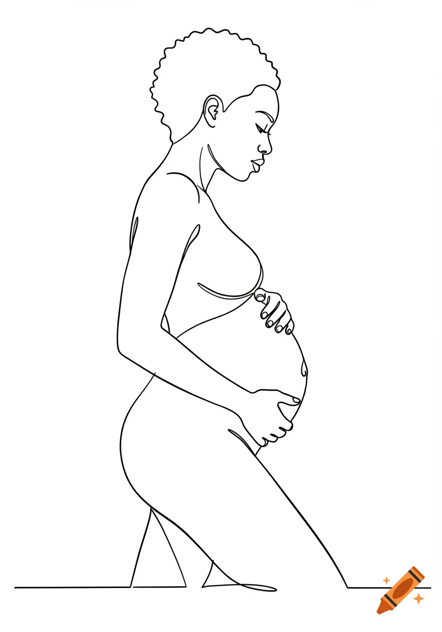 Minimalist line art of a pregnant Black woman in profile, kneeling and holding her belly.