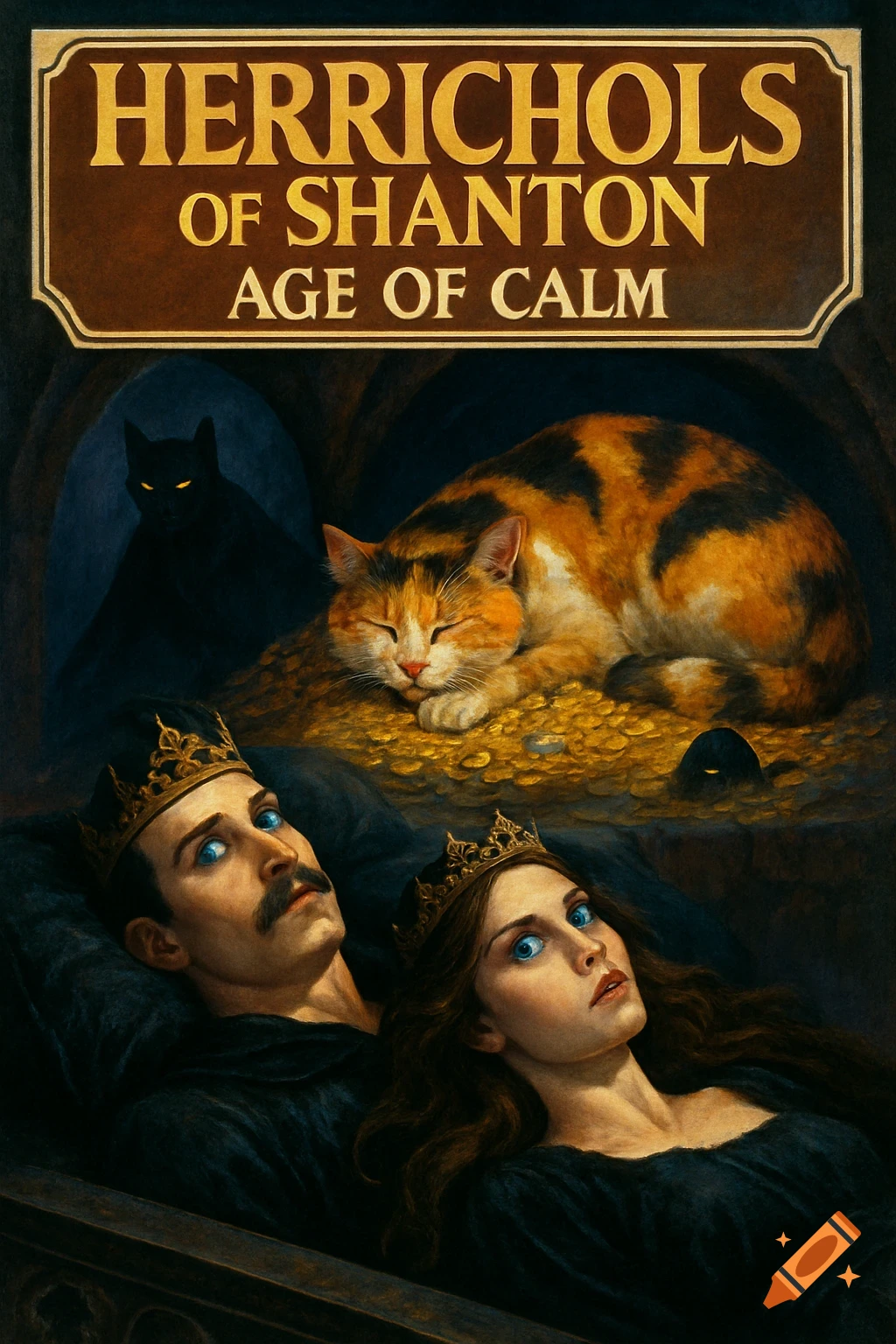 1980s-style fantasy book cover with a pale man and woman wearing crowns, blue eyes, a sleeping calico cat on gold, and a black cat in a cave.