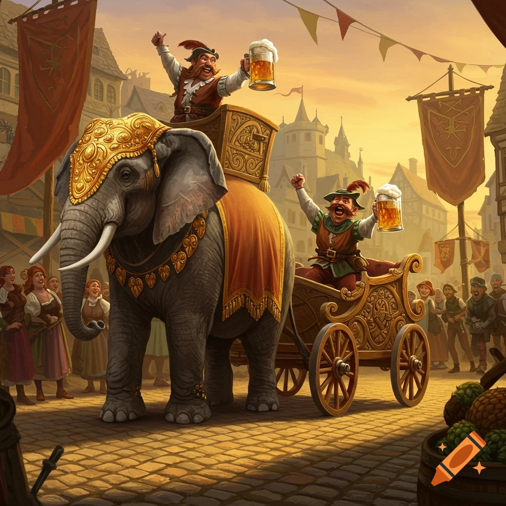 A decorated elephant carries a person and pulls a chariot with another person, both holding beer, in a festive medieval town.