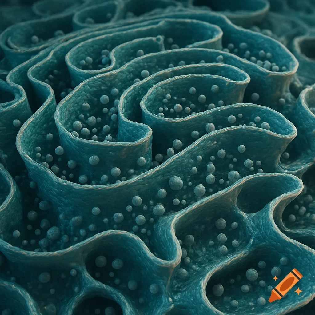 Close-up of a blue-green, wavy, textured surface covered in small spheres, resembling a rough endoplasmic reticulum.