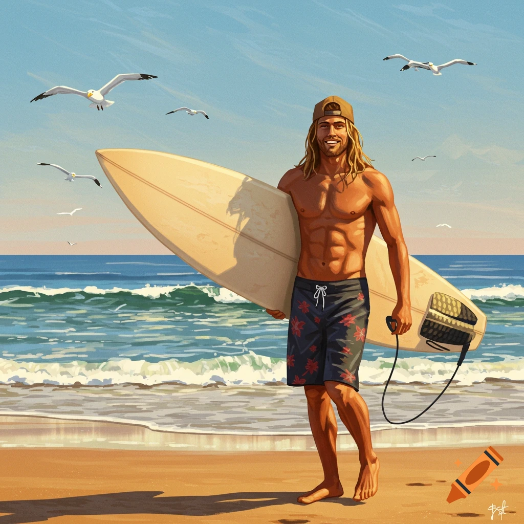 Smiling surfer dude with long blonde hair and a cap, holding a surfboard on a sunny beach by the ocean. Illustration.