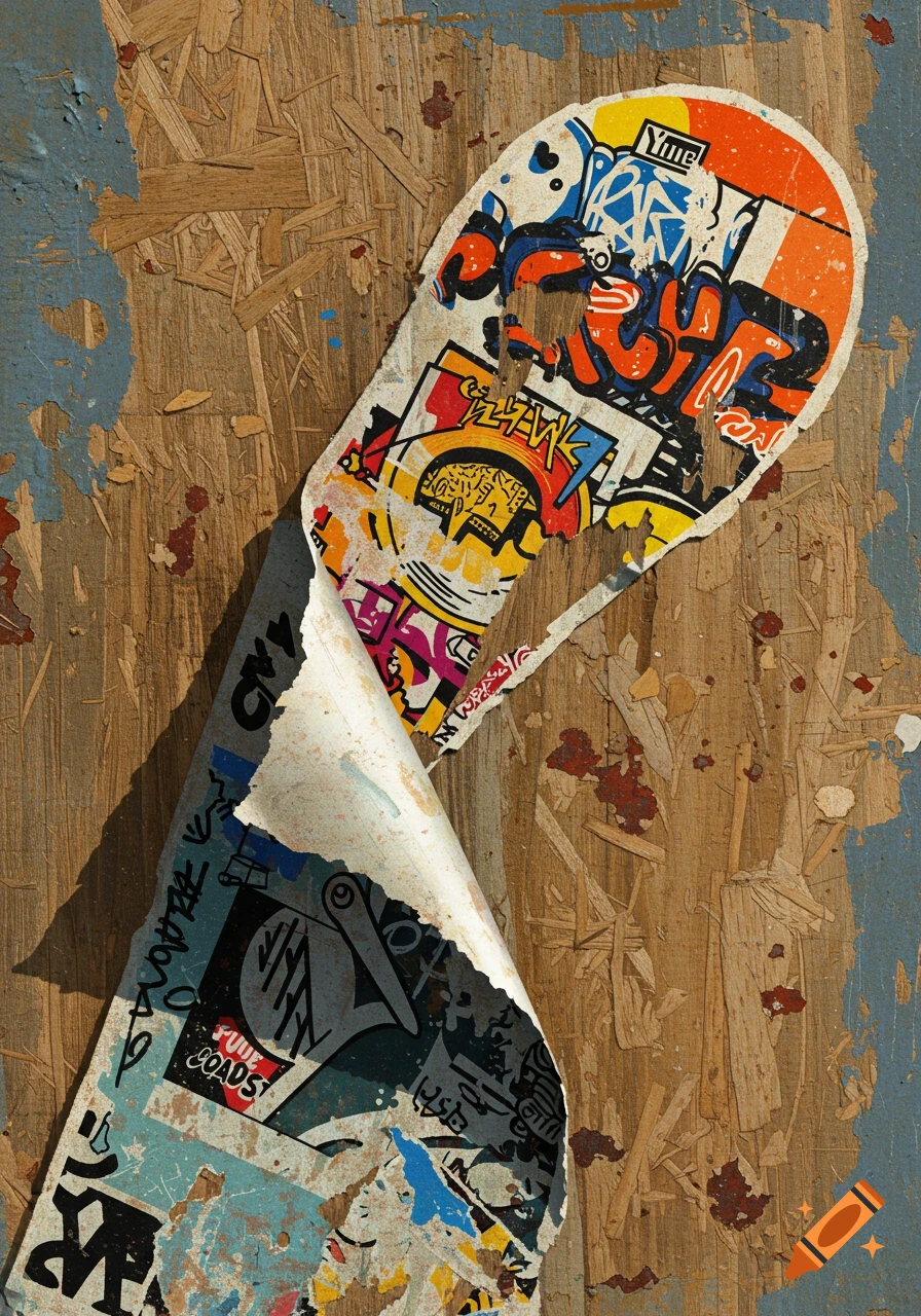 A peeled, colorful, abstract sticker is stuck on a weathered wooden board with blue paint and red splatters.