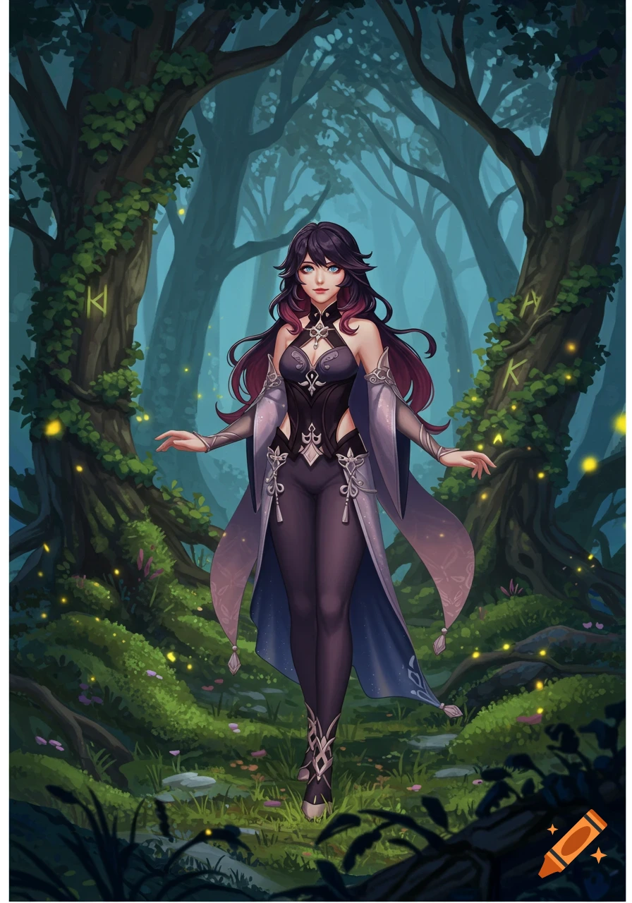A dark-haired anime fantasy character with blue eyes and an intricate costume stands in a magical forest with glowing plants and ancient trees.