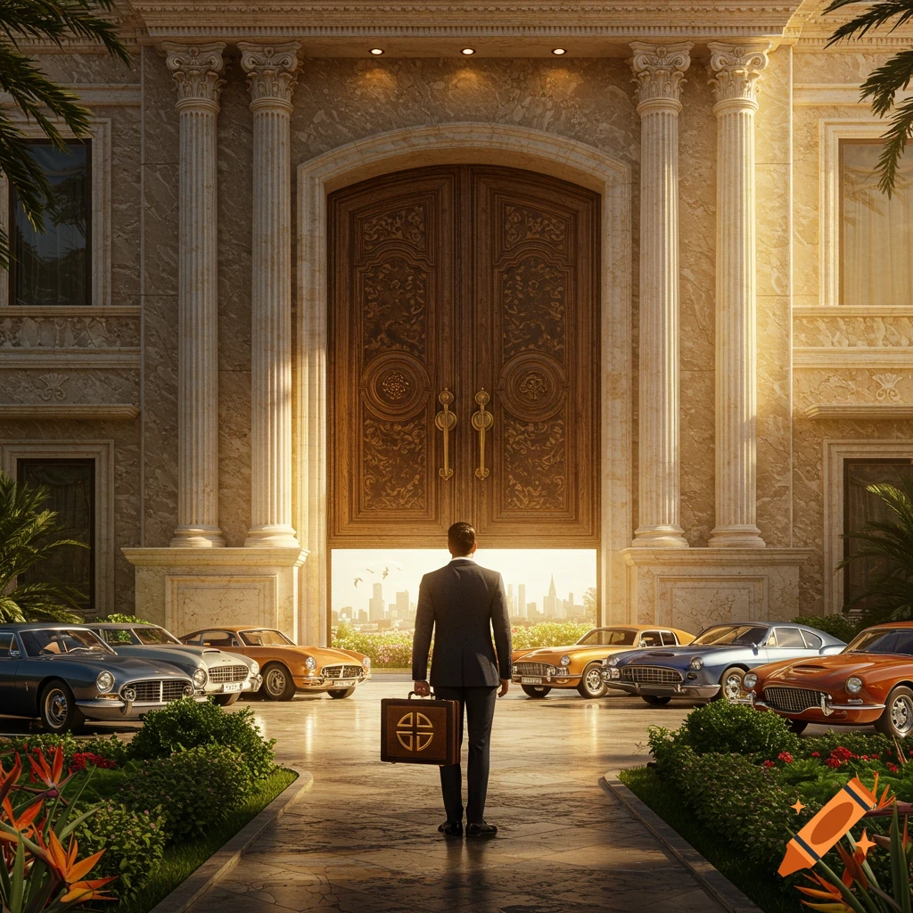 A man in a suit stands before a grand mansion with classic cars, overlooking a city skyline at sunset, symbolizing wealth.