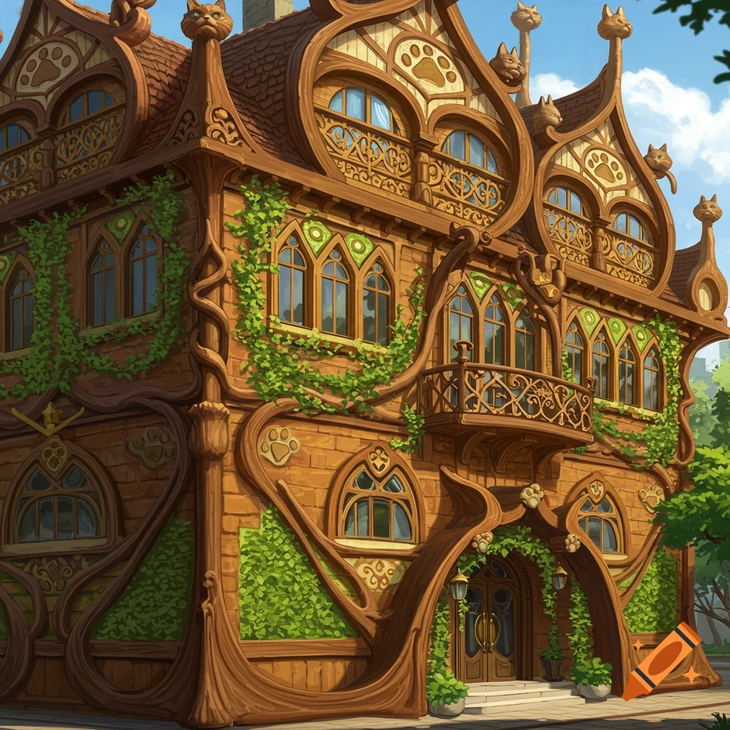 An elaborate Art Nouveau style wooden building covered in vines, featuring cat heads on the roof and paw prints on its facade.