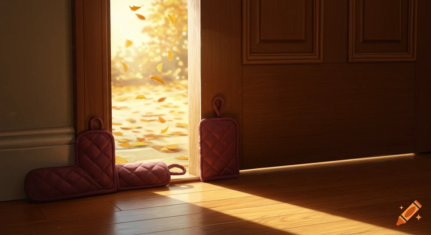 A pair of quilted red door draft stoppers on a wooden floor, with an open door revealing golden autumn leaves outside.