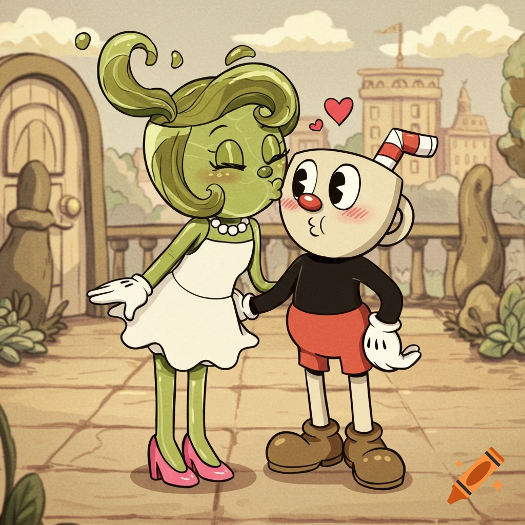 Green tea girl kissing a blushing Cuphead on the cheek in Cuphead game art style.